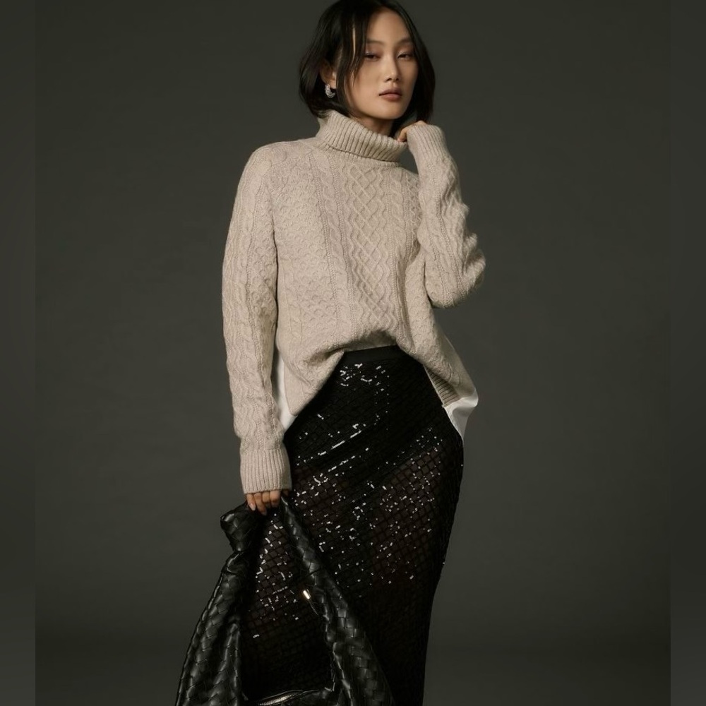 Anthropologie Mixed Media Turtleneck Cable Sweater